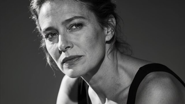 Cue arriving, midlife woman shifting pensive to resolved gaze in studio with key light, dark tank