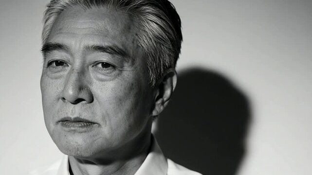 Camera starting senior man shifting eyes and head in studio reflecting white shirt and sharp shadow