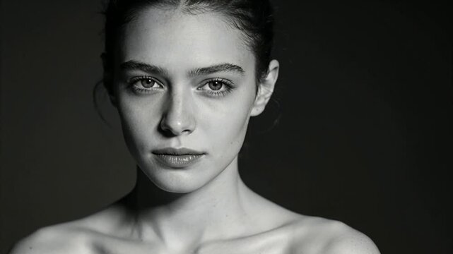 Starting sequence capturing model posing for portrait, blinking and softening look on dark backdrop