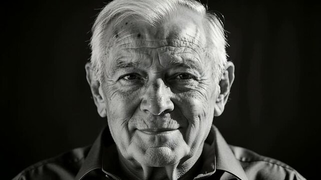 Camera pulling back, elderly man smiling and keeping eye contact for portrait, collared shirt