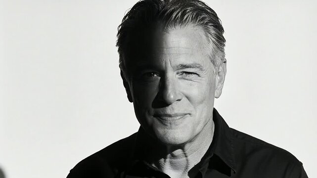 Smiling senior man responding to camera framing, softening expression in studio with split lighting