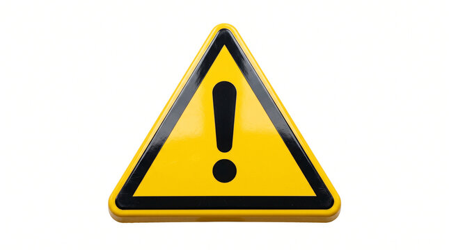 Ultra-realistic yellow triangular warning sign with bold black exclamation mark symbol, glossy plastic surface, rounded corners and realistic thickness, centered isolated object