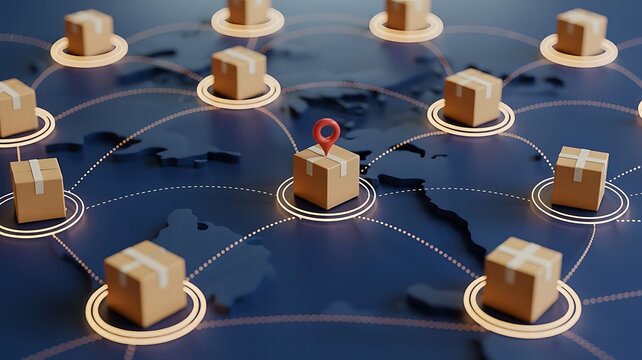 Global logistics and supply chain management concept with cardboard boxes connected by glowing lines on a dark blue map background surface