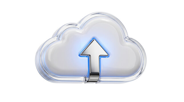 Glass cloud upload icon featuring shiny metallic upward arrow with blue inner glow design for network cloud storage service application interface mockup.