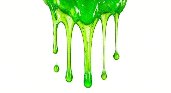 Dripping Slime Neon green viscous slime or liquid dripping downwards, isolated on a pure white background, glossy finish.