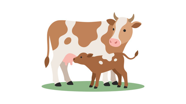 Brown and white cow with calf stands on green grass vector illustration