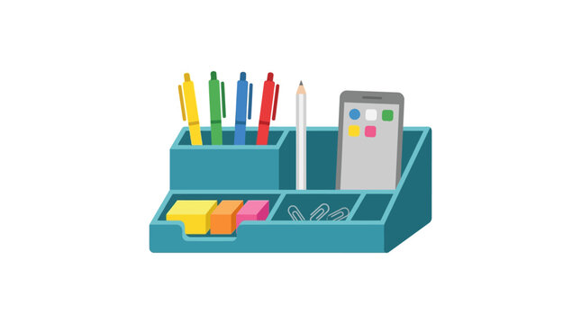 Desk organizer with pens pencil smartphone and stationery supplies