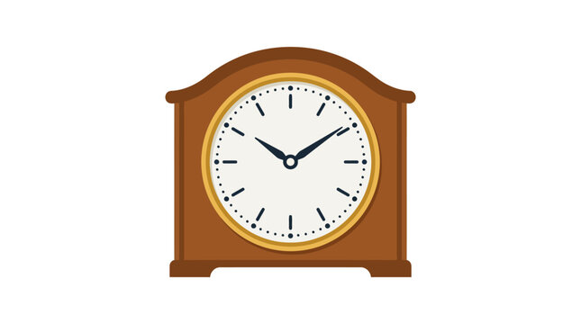 Mantel clock with visible hands displayed on a white face flat vector illustration