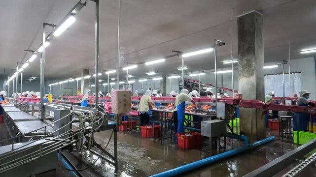 Fish Processing Facility: A busy fish processing factory with workers on assembly lines, equipped with stainless steel machinery and refrigeration units.