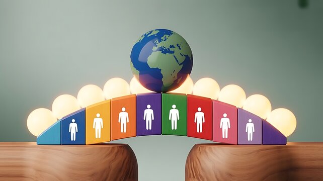 Globe resting on a bridge made of colorful wooden blocks with white human representing global unity and teamwork on a soft background