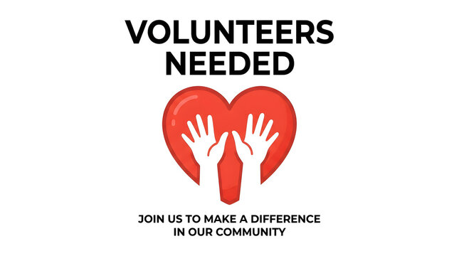 Volunteers needed red heart hands graphic