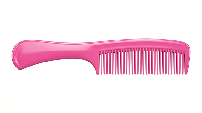Ultra-realistic glossy pink plastic hair comb, fine evenly spaced teeth, smooth curved handle, detailed polished plastic texture, centered product composition, razor-sharp edges.