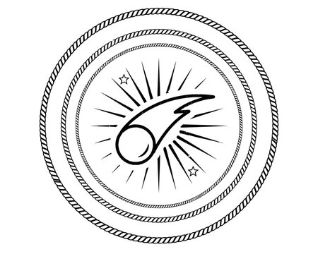 Celestial comet illustration with rope border and radiating light rays in a circular line art style