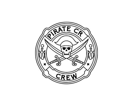 Pirate crew emblem with skull crossed swords and anchors line art