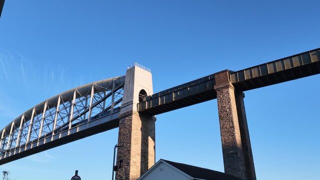 Saltash Cornwall England. 13.08.2026. Video. Railway train travelliing  on the Royal Albert Bridge between Cornwall and Devon at Saltash.