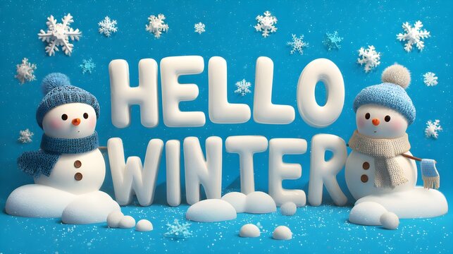 HELLO WINTER text with two snowmen and falling snow on blue background