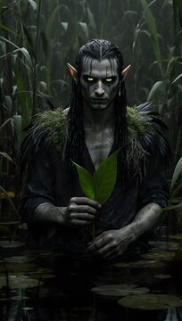Surreal tall dark elf inspired by a black swan, with a dark silk like hair, wearing a cloak of black feathers, emerges from a mysterious marshland at dusk 