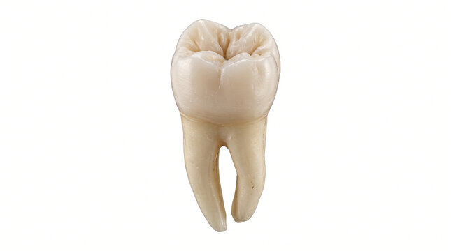 Ultra-realistic single natural human tooth, clean ivory enamel, clearly defined crown and root, fine anatomical grooves and subtle surface texture, centered isolated dental specimen