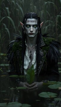 Surreal tall dark elf inspired by a black swan, with a dark silk like hair, wearing a cloak of black feathers, emerges from a mysterious marshland at dusk 