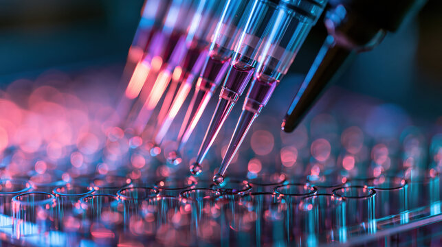 Liquid handler robot pipetting in a lab setting