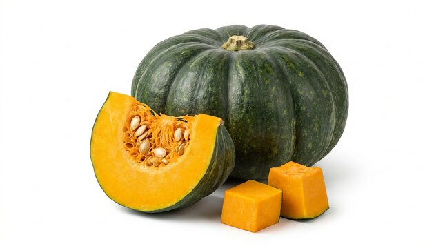 Whole green pumpkin, sliced wedge, and cubes on white kabocha squash des