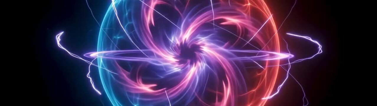 Energy fusion and quantum physics concept glowing blue and red plasma spheres with swirling electric particles and light trails on black background.