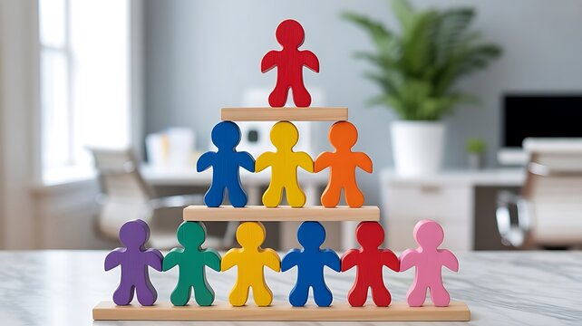Pyramid structure of colorful wooden human figures on a white marble desk representing team building and organizational hierarchy in an office
