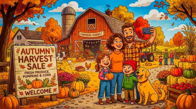 a happy cartoon family is taking a photograph together in front of a rustic farm and barn with an autumn harvest sale sign that is decorated with pumpkins and corn stalks