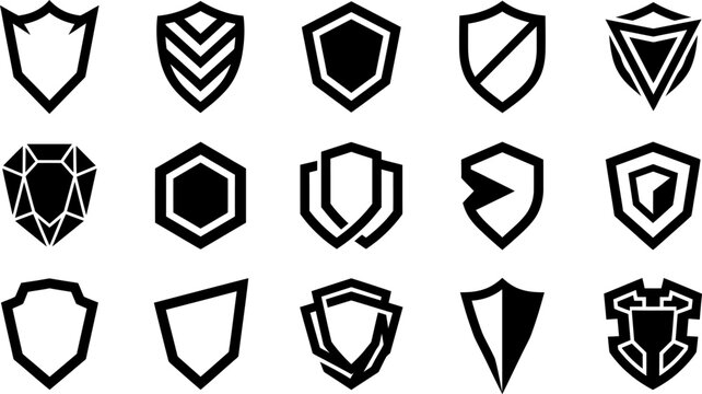Collection of various shield icons and heraldic crest shapes in a simple black and white vector style