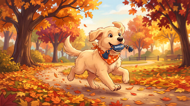 cute cartoon dog character is wearing a small orange bandana and running with a branded toy in an autumnal park filled with large orange and yellow tree leaves