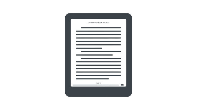 E-reader displays text on screen in black and white illustration.