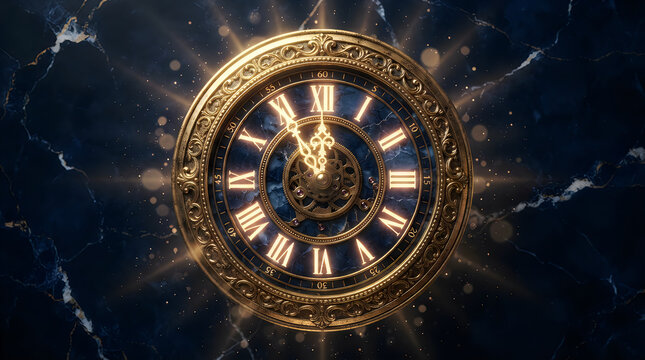 Vintage gold clock face with roman numerals glowing against a dark marble background