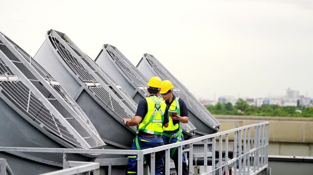Industrial Workers on Rooftop: Two industrial workers in hard hats and safety vests conduct maintenance on a row of large industrial cooling units atop a building.