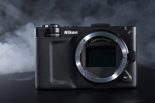 Milan, Italy - August 31, 2026: studio shot of a Nikon ZR resting on a black background.