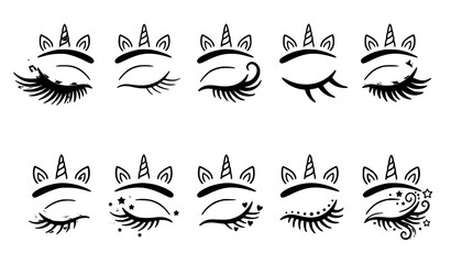 Obraz premium 28. Cute cat eye and eyelash illustration collection featuring different expressions, lashes and decorative eye designs in black outline