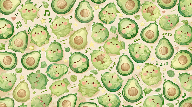 Cute cartoon avocados and characters on a light background create a fun pattern for various uses