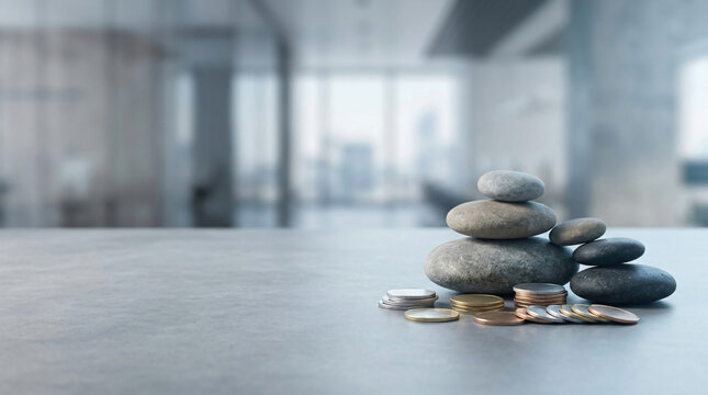 Thoughtful long-term planning still life with Smooth balanced river stones arranged beside modest group of coins for lasting wealth accumulation, on a refined minimal surface