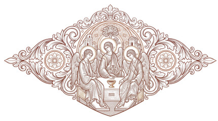 Obraz premium Holy Trinity — Three Angels at the Table in Ornamental Frame - Engraving.