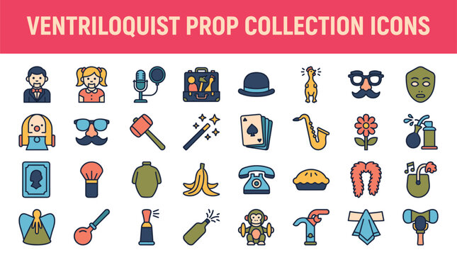 A colorful vector icon set featuring ventriloquist props, comedy elements, and performance accessories. Perfect for entertainment websites, theater design, and creative projects.