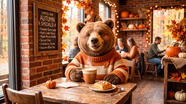 a happy brown bear character sits at a wooden table in an autumn themed cafe with pumpkin pastries and coffee a poster shows limited time autumn specials