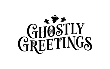 Fototapeta premium Ghostly Greetings Halloween typography vector with spooky ghosts and spiderweb lettering