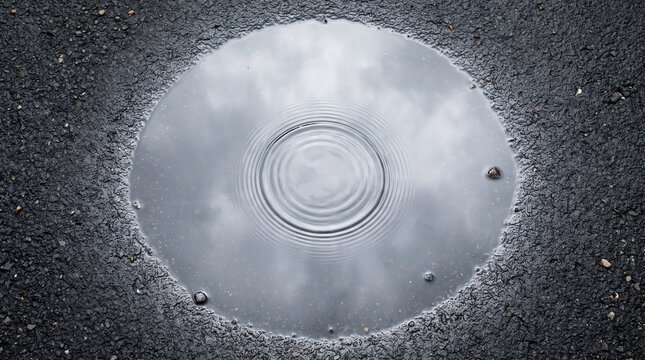 Ripples forming in circular water puddle on dark wet asphalt road reflecting cloudy sky