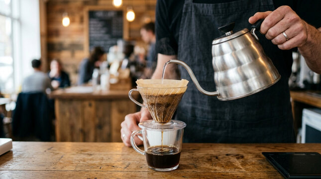 Barista preparing pour over coffee, brewing specialty coffee drink in cafe