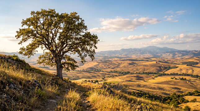 A lone large majestic oak tree with sprawling branches standing on a golden dry grassy hillside overlooking rolling hills and valleys under a bright clear blue sky