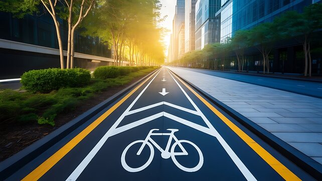 Urban bicycle lane with white painted markings on asphalt road leading towards modern glass skyscrapers during a bright sunny morning in city