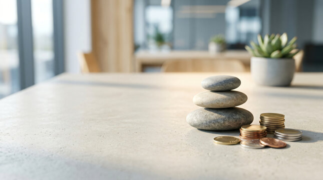 Modern wealth management background with Smooth balanced river stones arranged beside modest group of coins for lasting wealth accumulation, with soft natural light