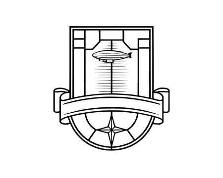 Vintage style vector emblem of a blimp airship flying over a harbor with a decorative banner and star