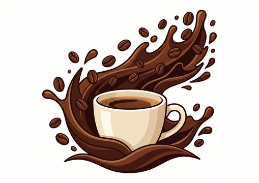 White coffee cup surrounded by dynamic coffee bean splash and liquid wave vector illustration