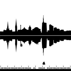 Fototapeta premium Black silhouette of a city skyline with water reflection and small sailboat on white background