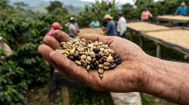 Coffee farmer holding a mixture of green and roasted coffee beans in hand at a mountain coffee plantation, with workers drying beans in the background